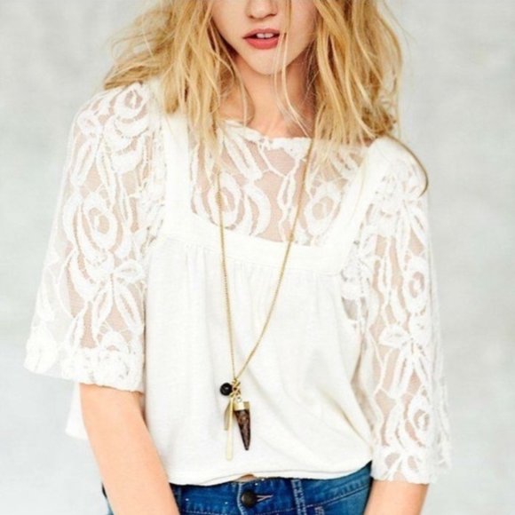 Free People Tops - Free People White Lace Sweater Crop Top